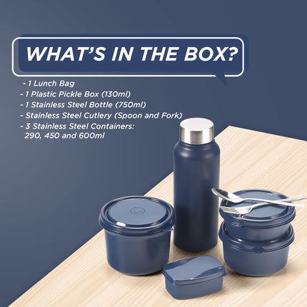SOPL-OLIVEWARE Teso Pro Lunch Box with Cutlery, 3 Microwave Safe Inside Containers with BPA Free Lids(290ml, 450ml & 600ml), Plastic Pickle Box(130ml), Steel Water Bottle(750ml) - Blue 