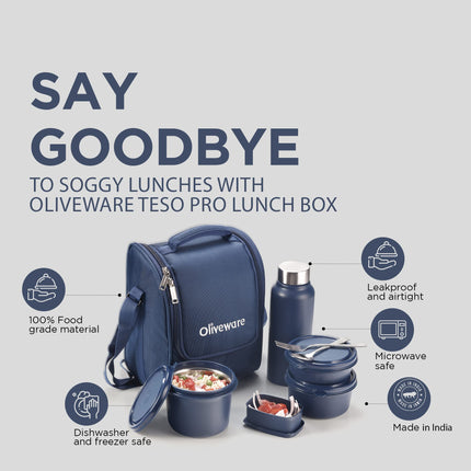 SOPL-OLIVEWARE Teso Pro Lunch Box with Cutlery, 3 Microwave Safe Inside Containers with BPA Free Lids(290ml, 450ml & 600ml), Plastic Pickle Box(130ml), Steel Water Bottle(750ml) - Blue 