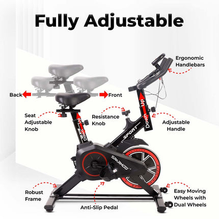 SPARNOD FITNESS SSB-08 Spin Bike Exercise Cycle For Home Gym With 8kg Flywheel, LED Display, Pulse Sensor, Adjustable Resistance, Silent Belt Drive,4-Way Adjustable Cushioned Seat And 2-Way Handlebar 