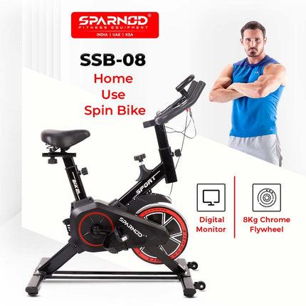 SPARNOD FITNESS SSB-08 Spin Bike Exercise Cycle For Home Gym With 8kg Flywheel, LED Display, Pulse Sensor, Adjustable Resistance, Silent Belt Drive,4-Way Adjustable Cushioned Seat And 2-Way Handlebar 