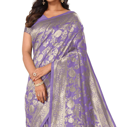 SUBHAM Women's Silk Cotton Kanjivaram Soft Saree with Blouse Piece | Jacquard Design Banarasi Sarees | Golden Zari (46113 - Light Purple, Golden) 