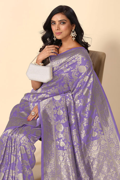 SUBHAM Women's Silk Cotton Kanjivaram Soft Saree with Blouse Piece | Jacquard Design Banarasi Sarees | Golden Zari (46113 - Light Purple, Golden) 