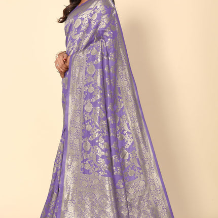 SUBHAM Women's Silk Cotton Kanjivaram Soft Saree with Blouse Piece | Jacquard Design Banarasi Sarees | Golden Zari (46113 - Light Purple, Golden) 