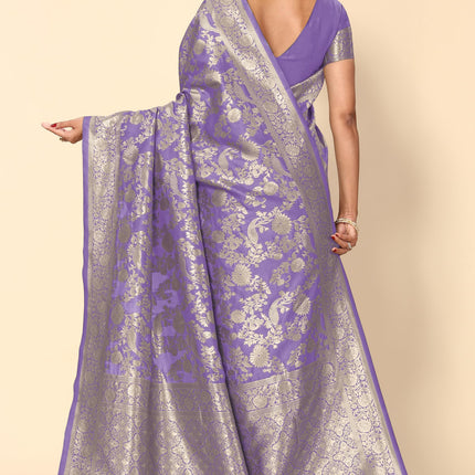 SUBHAM Women's Silk Cotton Kanjivaram Soft Saree with Blouse Piece | Jacquard Design Banarasi Sarees | Golden Zari (46113 - Light Purple, Golden) 