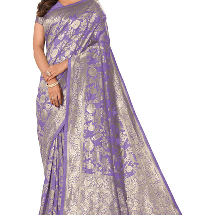 SUBHAM Women's Silk Cotton Kanjivaram Soft Saree with Blouse Piece | Jacquard Design Banarasi Sarees | Golden Zari (46113 - Light Purple, Golden) 