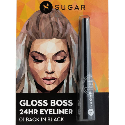 SUGAR Cosmetics Gloss Boss 24Hr Glossy Eyeliner Gel With Brush | Smudeproof & Waterproof - 01 Back In Black (Black Eyeliner) | 3Ml 