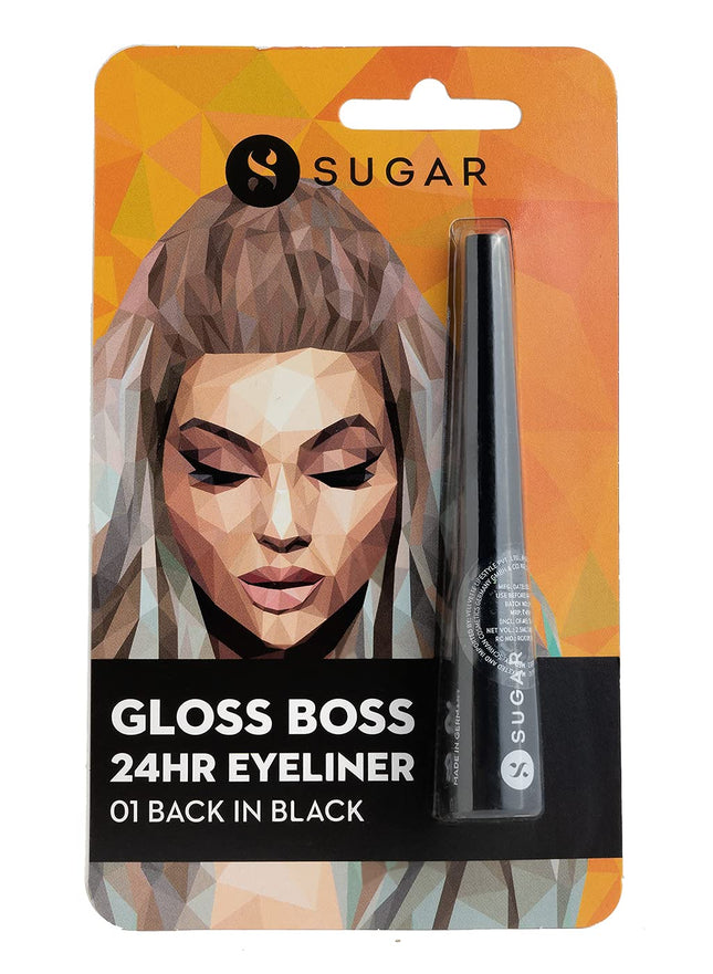 SUGAR Cosmetics Gloss Boss 24Hr Glossy Eyeliner Gel With Brush | Smudeproof & Waterproof - 01 Back In Black (Black Eyeliner) | 3Ml 