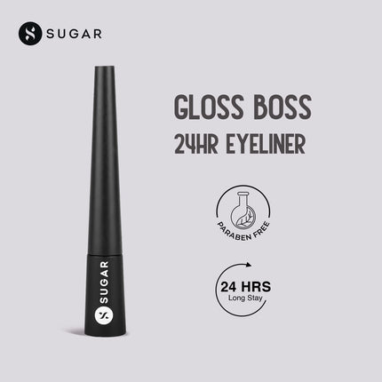 SUGAR Cosmetics Gloss Boss 24Hr Glossy Eyeliner Gel With Brush | Smudeproof & Waterproof - 01 Back In Black (Black Eyeliner) | 3Ml 