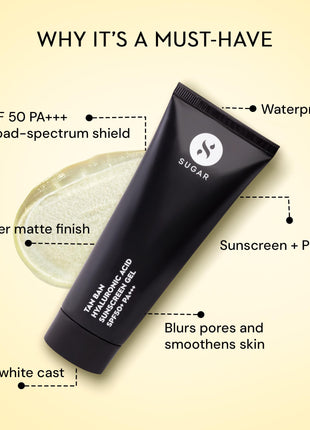 SUGAR Cosmetics Tan Ban Hyaluronic Acid Sunscreen SPF50+ PA+++ Gel |All Skin Non Greasy | Light Weight Formula | 50ml 