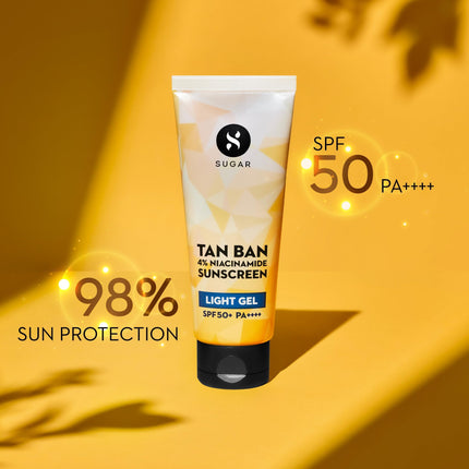 SUGAR Cosmetics Tan Ban Sunscreen SPF50 PA++++ Light Gel with 4% Niacinamide & 1% Hyaluronic Acid | Non Greasy & lightweight formula | No White Cast | 10ml 
