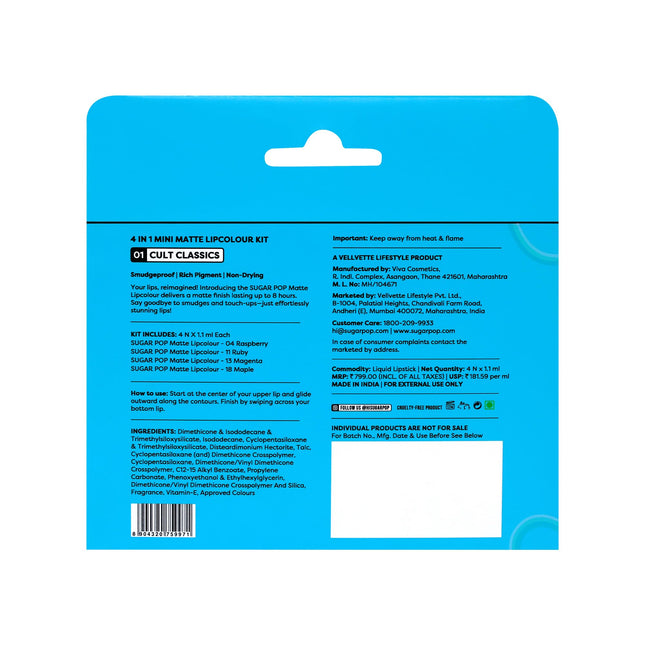 SUGAR POP 4 in 1 Mini Matte Lipcolour Kit | Vitamin E | Smudgeproof | Long-lasting Wear | 4 N x 1.1 ml - 01 Cult Classics 