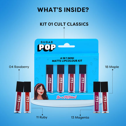 SUGAR POP 4 in 1 Mini Matte Lipcolour Kit | Vitamin E | Smudgeproof | Long-lasting Wear | 4 N x 1.1 ml - 01 Cult Classics 