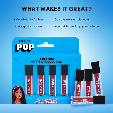 SUGAR POP 4 in 1 Mini Matte Lipcolour Kit | Vitamin E | Smudgeproof | Long-lasting Wear | 4 N x 1.1 ml - 01 Cult Classics 