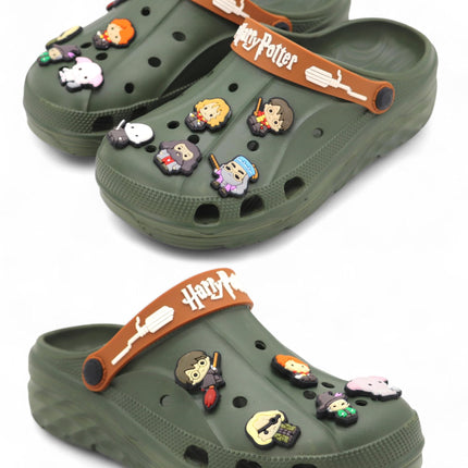SVAAR x Harry Potter Men's Magical Clogs with 10 Authentic Harry Potter Charms Included and Adjustable Back Strap Olive Green 