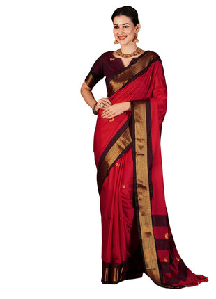 SWARON Women's Banarasi Jacquard Kanjivaram Silk Saree with Unstitched Blouse Piece (3743S111NW_Red & Dark Maroon) 