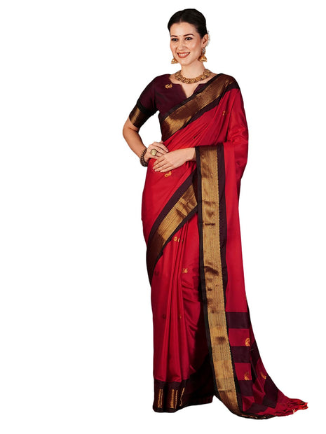 SWARON Women's Banarasi Jacquard Kanjivaram Silk Saree with Unstitched Blouse Piece (3743S111NW_Red & Dark Maroon) 