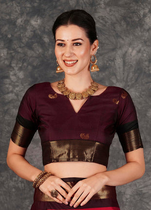 SWARON Women's Banarasi Jacquard Kanjivaram Silk Saree with Unstitched Blouse Piece (3743S111NW_Red & Dark Maroon) 