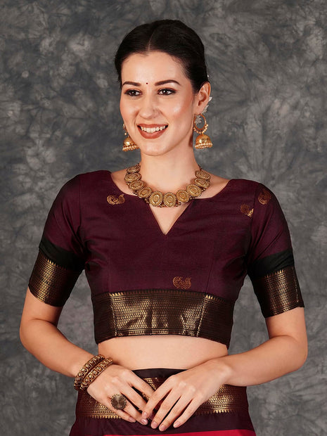 SWARON Women's Banarasi Jacquard Kanjivaram Silk Saree with Unstitched Blouse Piece (3743S111NW_Red & Dark Maroon) 