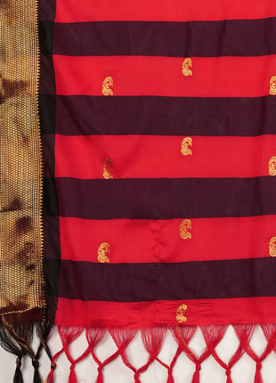 SWARON Women's Banarasi Jacquard Kanjivaram Silk Saree with Unstitched Blouse Piece (3743S111NW_Red & Dark Maroon) 