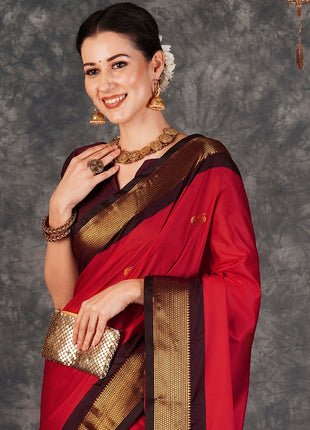 SWARON Women's Banarasi Jacquard Kanjivaram Silk Saree with Unstitched Blouse Piece (3743S111NW_Red & Dark Maroon) 