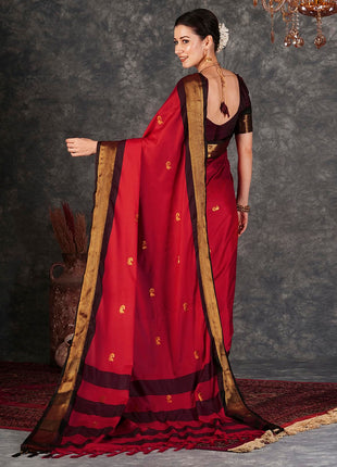 SWARON Women's Banarasi Jacquard Kanjivaram Silk Saree with Unstitched Blouse Piece (3743S111NW_Red & Dark Maroon) 