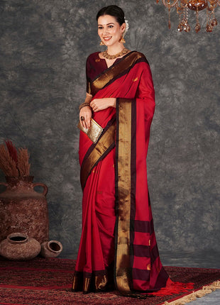 SWARON Women's Banarasi Jacquard Kanjivaram Silk Saree with Unstitched Blouse Piece (3743S111NW_Red & Dark Maroon) 