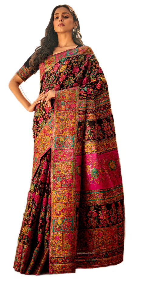 SWORNOF Women's Kanjivaram Banarasi Silk Saree For Patola Festival Wedding Silk With Rich Pallu Design Sarees For Women With Blouse Piece, Black 