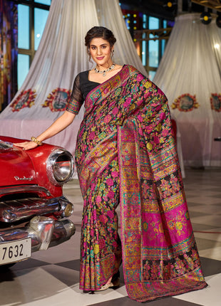 SWORNOF Women's Kanjivaram Banarasi Silk Saree For Patola Festival Wedding Silk With Rich Pallu Design Sarees For Women With Blouse Piece, Black 