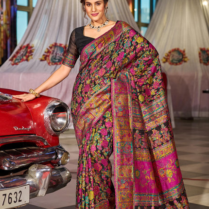 SWORNOF Women's Kanjivaram Banarasi Silk Saree For Patola Festival Wedding Silk With Rich Pallu Design Sarees For Women With Blouse Piece, Black 