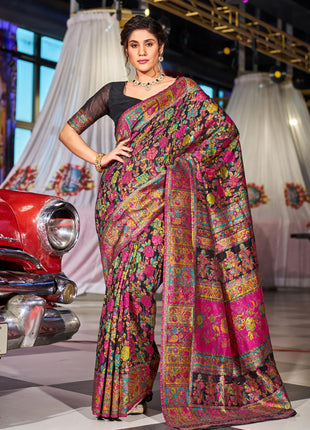 SWORNOF Women's Kanjivaram Banarasi Silk Saree For Patola Festival Wedding Silk With Rich Pallu Design Sarees For Women With Blouse Piece, Black 