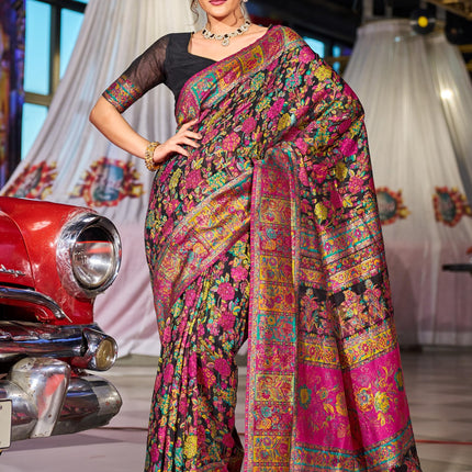 SWORNOF Women's Kanjivaram Banarasi Silk Saree For Patola Festival Wedding Silk With Rich Pallu Design Sarees For Women With Blouse Piece, Black 