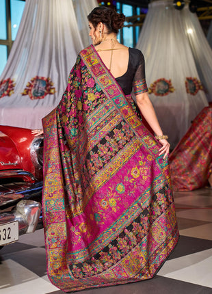 SWORNOF Women's Kanjivaram Banarasi Silk Saree For Patola Festival Wedding Silk With Rich Pallu Design Sarees For Women With Blouse Piece, Black 