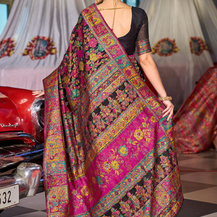 SWORNOF Women's Kanjivaram Banarasi Silk Saree For Patola Festival Wedding Silk With Rich Pallu Design Sarees For Women With Blouse Piece, Black 