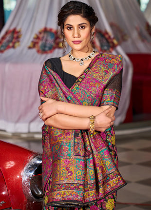 SWORNOF Women's Kanjivaram Banarasi Silk Saree For Patola Festival Wedding Silk With Rich Pallu Design Sarees For Women With Blouse Piece, Black 