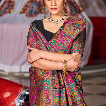 SWORNOF Women's Kanjivaram Banarasi Silk Saree For Patola Festival Wedding Silk With Rich Pallu Design Sarees For Women With Blouse Piece, Black 