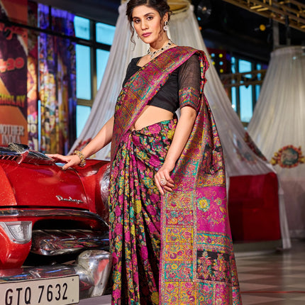 SWORNOF Women's Kanjivaram Banarasi Silk Saree For Patola Festival Wedding Silk With Rich Pallu Design Sarees For Women With Blouse Piece, Black 