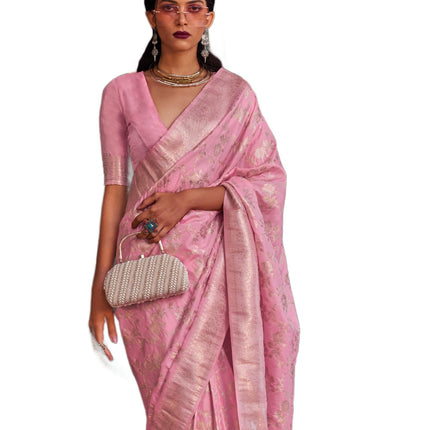 SWORNOF Women's Kanjivaram Banarasi Silk Saree For Patola Festival Wedding Silk With Rich Pallu Design Sarees For Women With Blouse Piece, Pink 