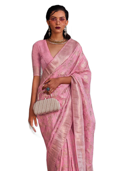 SWORNOF Women's Kanjivaram Banarasi Silk Saree For Patola Festival Wedding Silk With Rich Pallu Design Sarees For Women With Blouse Piece, Pink 