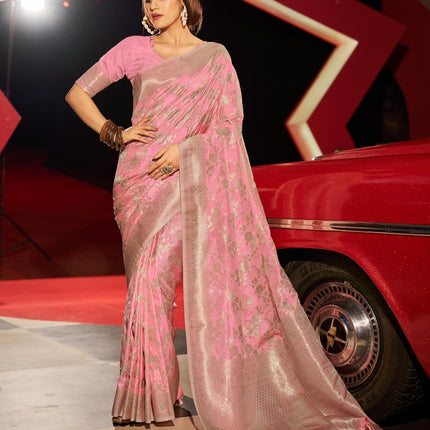 SWORNOF Women's Kanjivaram Banarasi Silk Saree For Patola Festival Wedding Silk With Rich Pallu Design Sarees For Women With Blouse Piece, Pink 