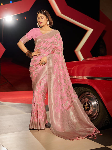 SWORNOF Women's Kanjivaram Banarasi Silk Saree For Patola Festival Wedding Silk With Rich Pallu Design Sarees For Women With Blouse Piece, Pink 