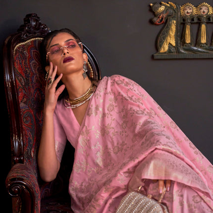 SWORNOF Women's Kanjivaram Banarasi Silk Saree For Patola Festival Wedding Silk With Rich Pallu Design Sarees For Women With Blouse Piece, Pink 