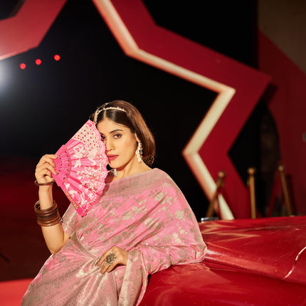 SWORNOF Women's Kanjivaram Banarasi Silk Saree For Patola Festival Wedding Silk With Rich Pallu Design Sarees For Women With Blouse Piece, Pink 