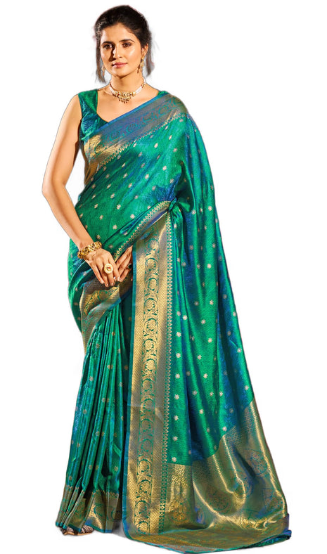 SWORNOF Womens Kanjivaram Banarasi Silk Saree Patola saree (GREEN) 