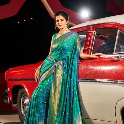 SWORNOF Womens Kanjivaram Banarasi Silk Saree Patola saree (GREEN) 