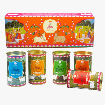 Sacred Life Vrindavan Herbal Gulal Holi Colour Orange Red Green Blue and Yellow Parijat Tesu Marigold Blue Lotus Tulsi Rose Petals 75gm Natural Skin-Friendly Herbal Gulal Handmade and Non-Toxic 