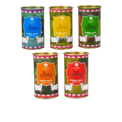 Sacred Life Vrindavan Herbal Gulal Holi Colour Orange Red Green Blue and Yellow Parijat Tesu Marigold Blue Lotus Tulsi Rose Petals 75gm Natural Skin-Friendly Herbal Gulal Handmade and Non-Toxic 