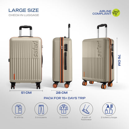 Safari Astra Neo 8 Wheels 76cm Large size Check-in Trolley Bag, Hard Case Polycarbonate, 360 Degree Wheeling Luggage for Men & Women, Travel Bag, Suitcase for Travel, Trolley Bag for Travel, Champagne 