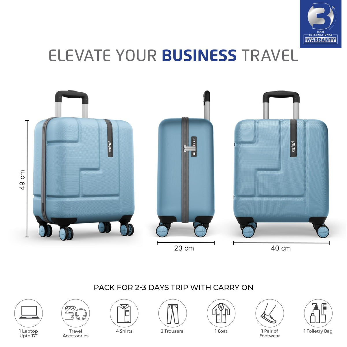 Safari Aviator 50 cm Cabin Overnighter Laptop Trolley Bag, Hard Case Polycarbonate, TSA Lock, 8 Wheels 360 Degree Wheeling Carry on Luggage, Suitcase for Travel, Trolley Bags for Travel, Pearl Blue 