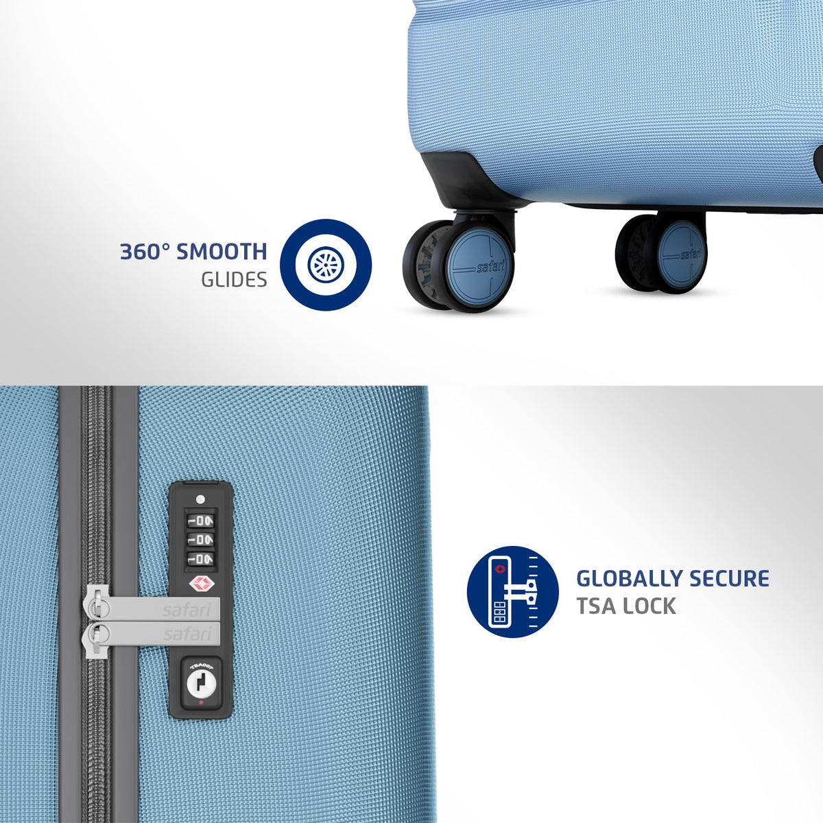 Safari Aviator 50 cm Cabin Overnighter Laptop Trolley Bag, Hard Case Polycarbonate, TSA Lock, 8 Wheels 360 Degree Wheeling Carry on Luggage, Suitcase for Travel, Trolley Bags for Travel, Pearl Blue 