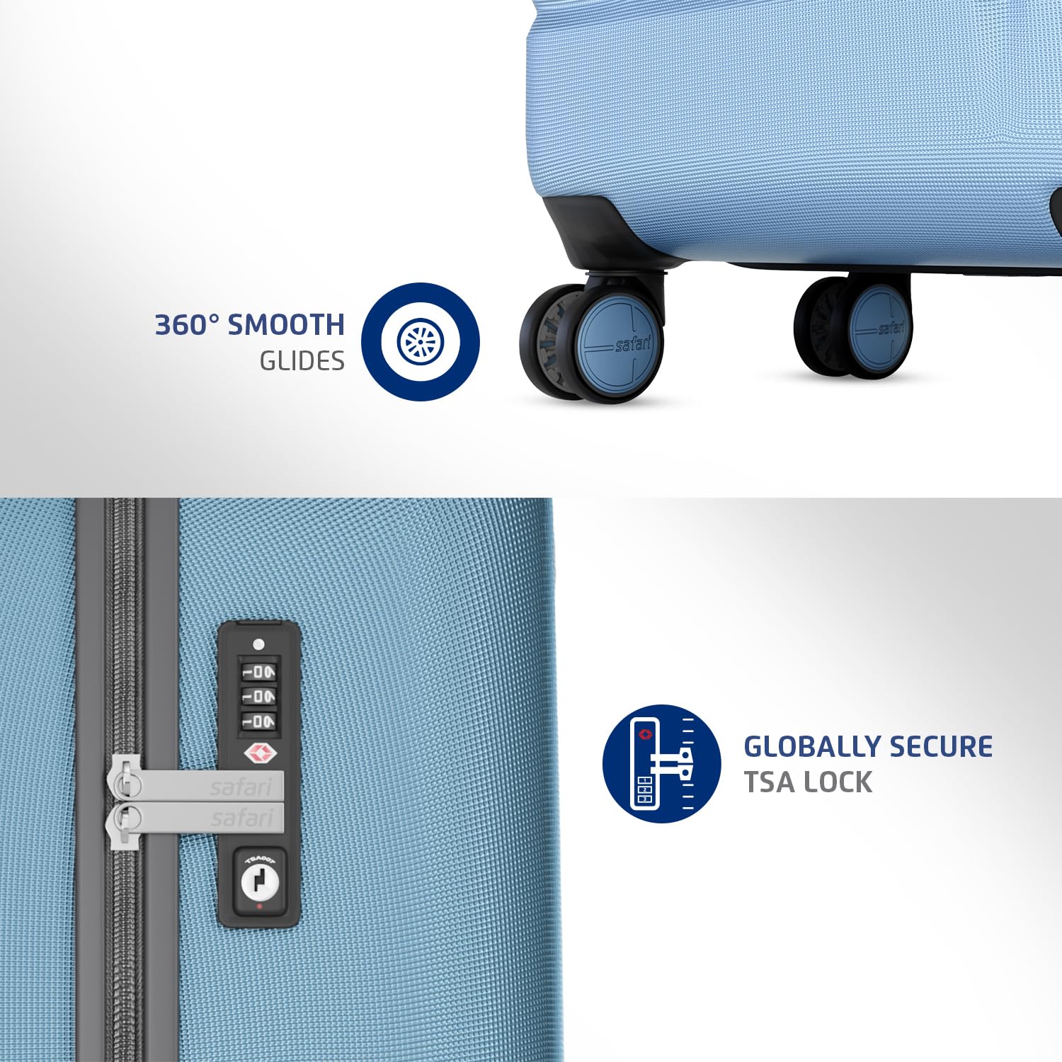 Safari Aviator 50 cm Cabin Overnighter Laptop Trolley Bag, Hard Case Polycarbonate, TSA Lock, 8 Wheels 360 Degree Wheeling Carry on Luggage, Suitcase for Travel, Trolley Bags for Travel, Pearl Blue 